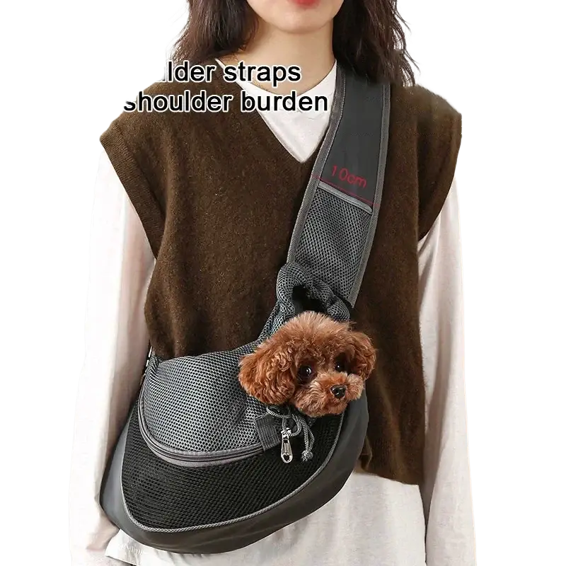 Gray mesh small pet carrier backpack with adjustable shoulder strap and front zippered pocket for travel use