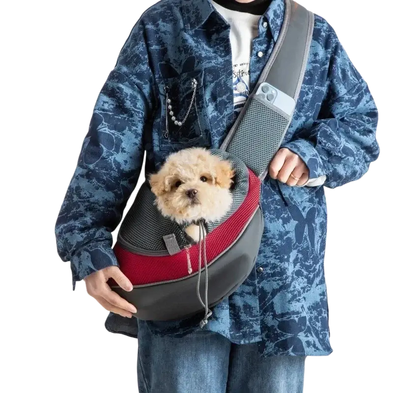 Gray and red mesh small pet carrier backpack with adjustable shoulder strap for travel use