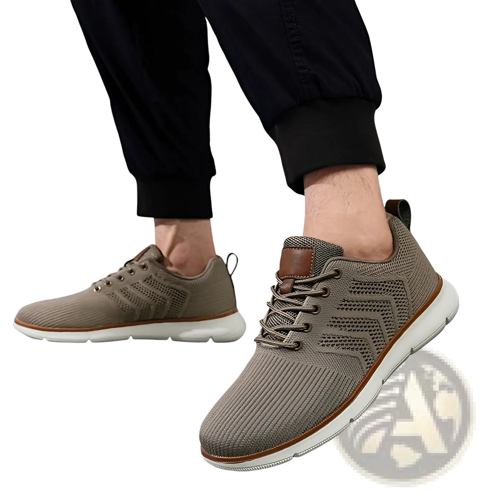 Beige mesh sneakers for men with brown leather accents and white soles casual flying woven shoes