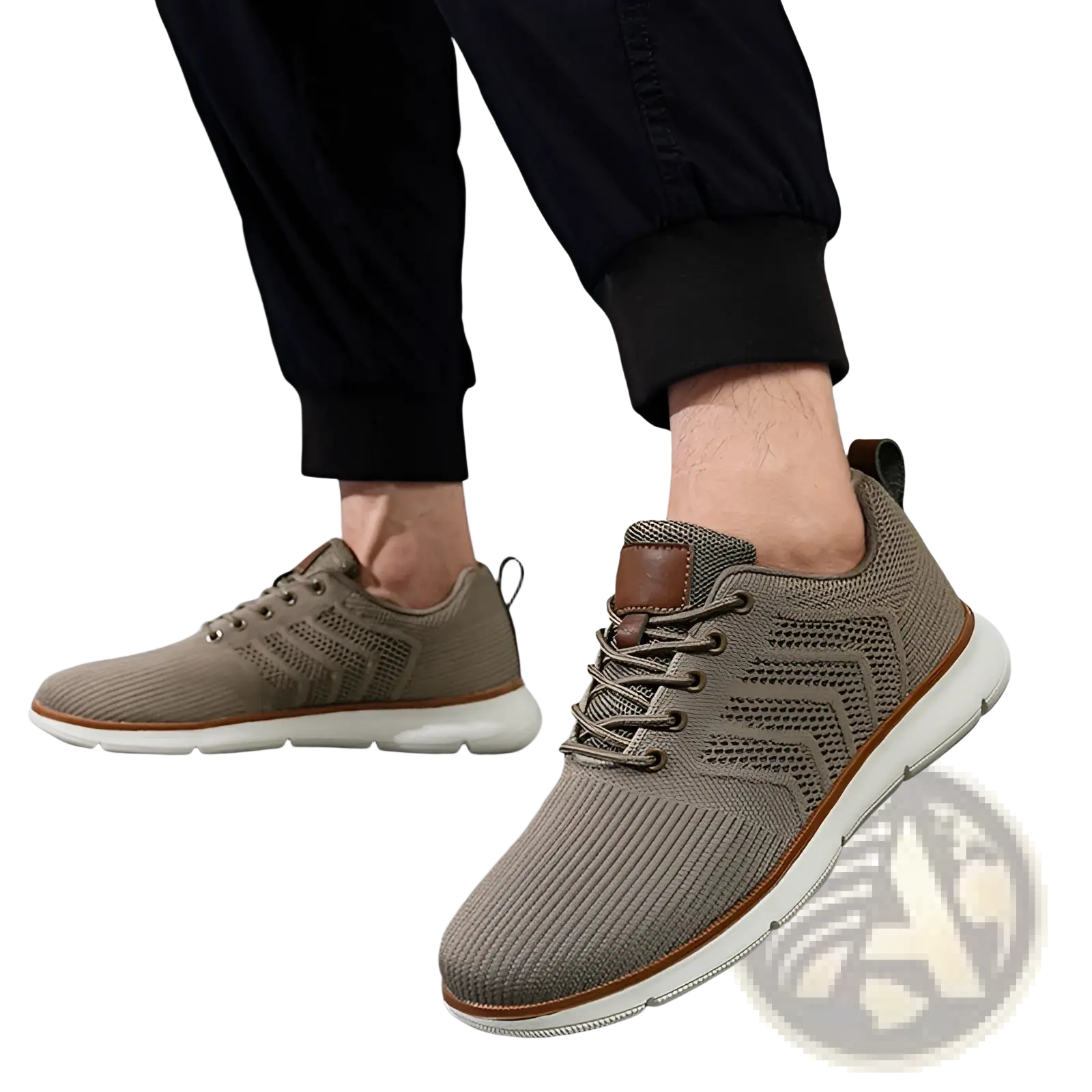 Beige mesh sneakers for men with brown leather accents and white soles casual flying woven shoes