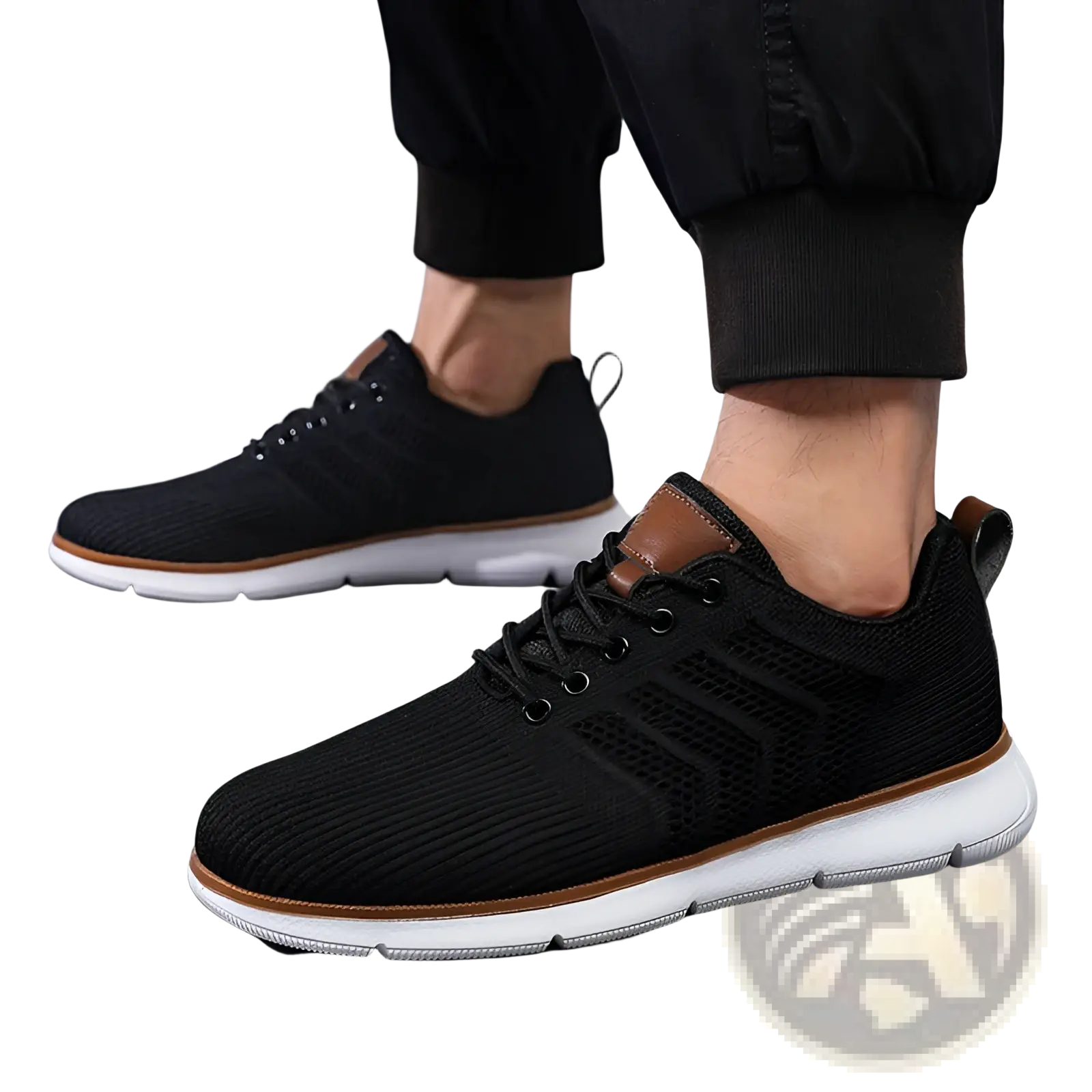 Black mesh sneakers for men with knit construction brown leather accents and white rubber sole for casual wear