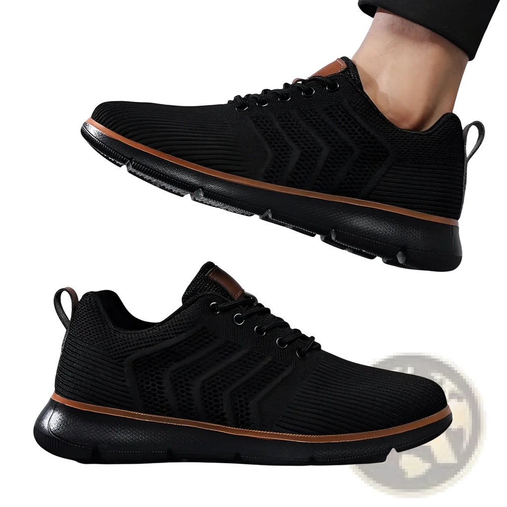 Black knit mesh sneakers for men with brown accents on sole and heel tab for casual flying woven wear