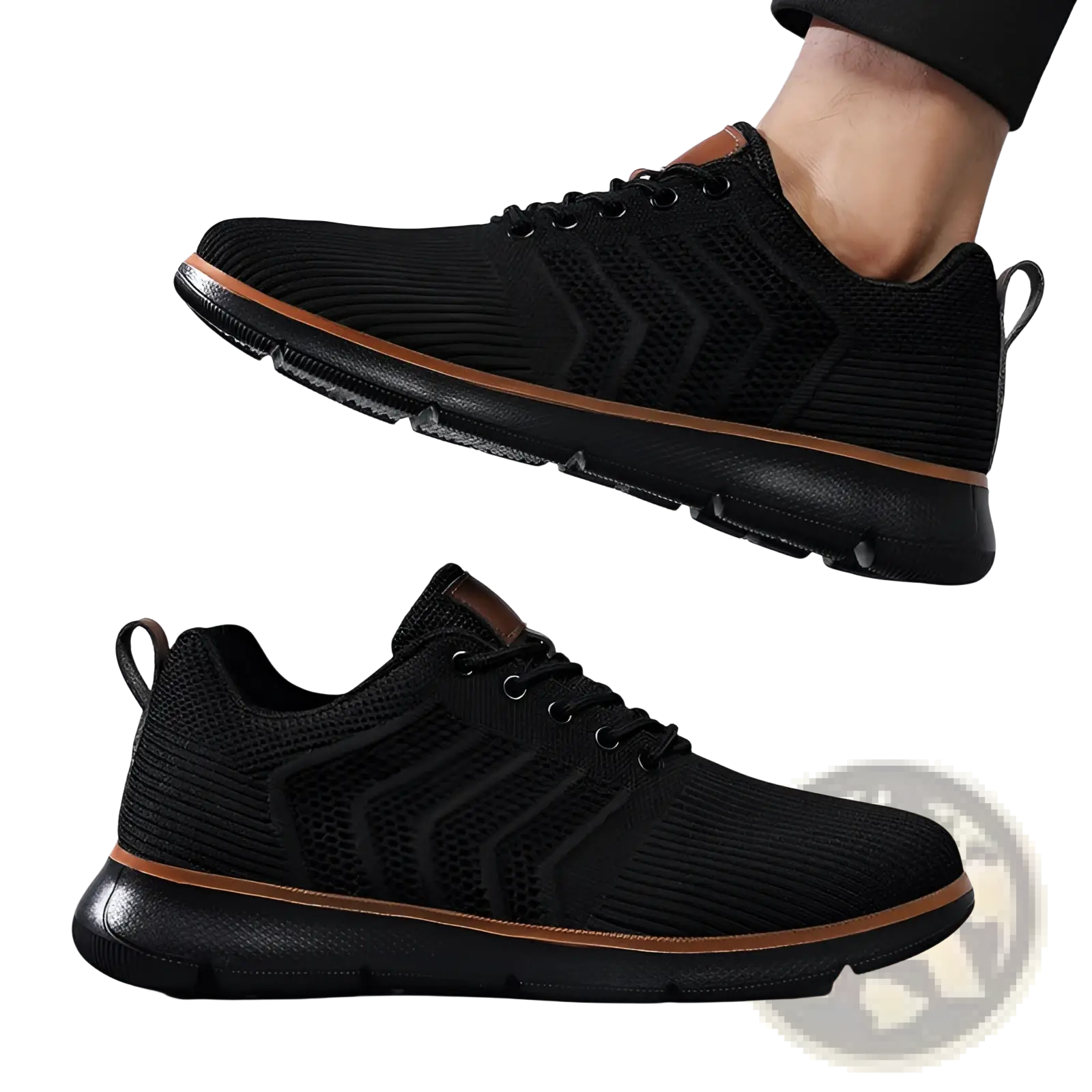 Black knit mesh sneakers for men with brown accents on sole and heel tab for casual flying woven wear