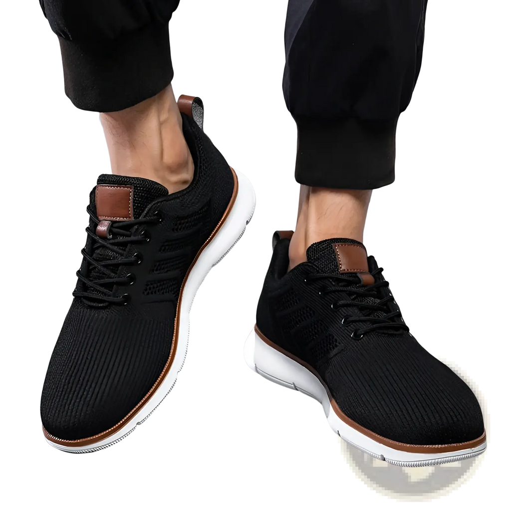 Black knit mesh sneakers for men with brown leather accents and white soles for casual flying woven shoes use