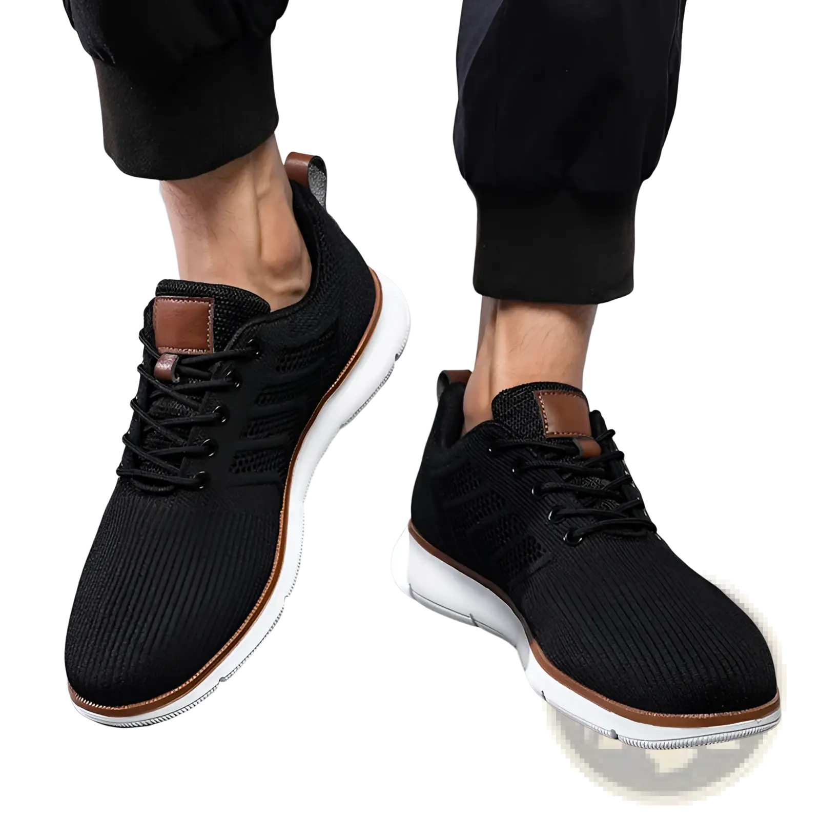 Black knit mesh sneakers for men with brown leather accents and white soles for casual flying woven shoes use