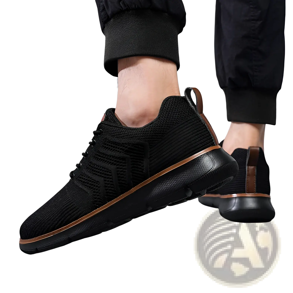 Black knit mesh sneaker for men with brown leather accents and rubber sole casual flying woven shoes