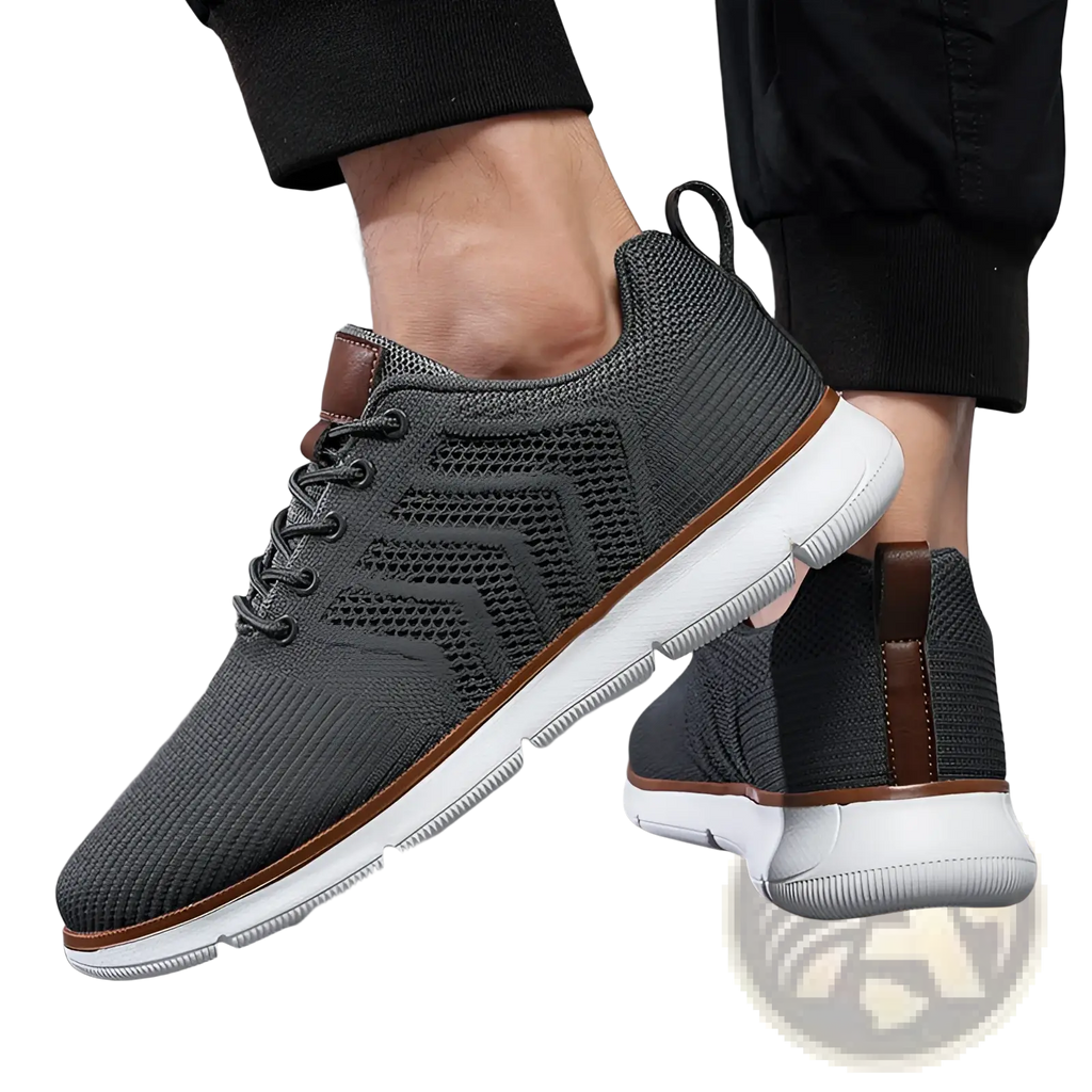 Gray mesh sneakers for men with brown leather accents and white soles casual flying woven shoes