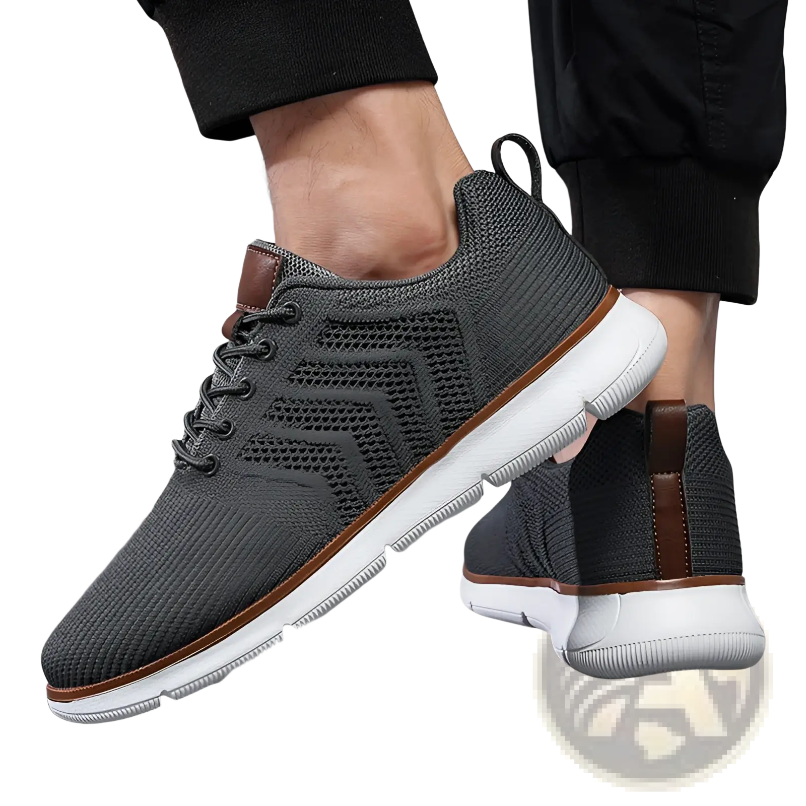 Gray mesh sneakers for men with brown leather accents and white soles casual flying woven shoes