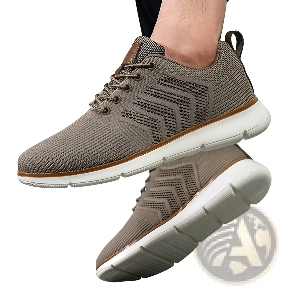 Tan mesh athletic shoe with white rubber sole and brown accents for casual flying woven sneakers for men
