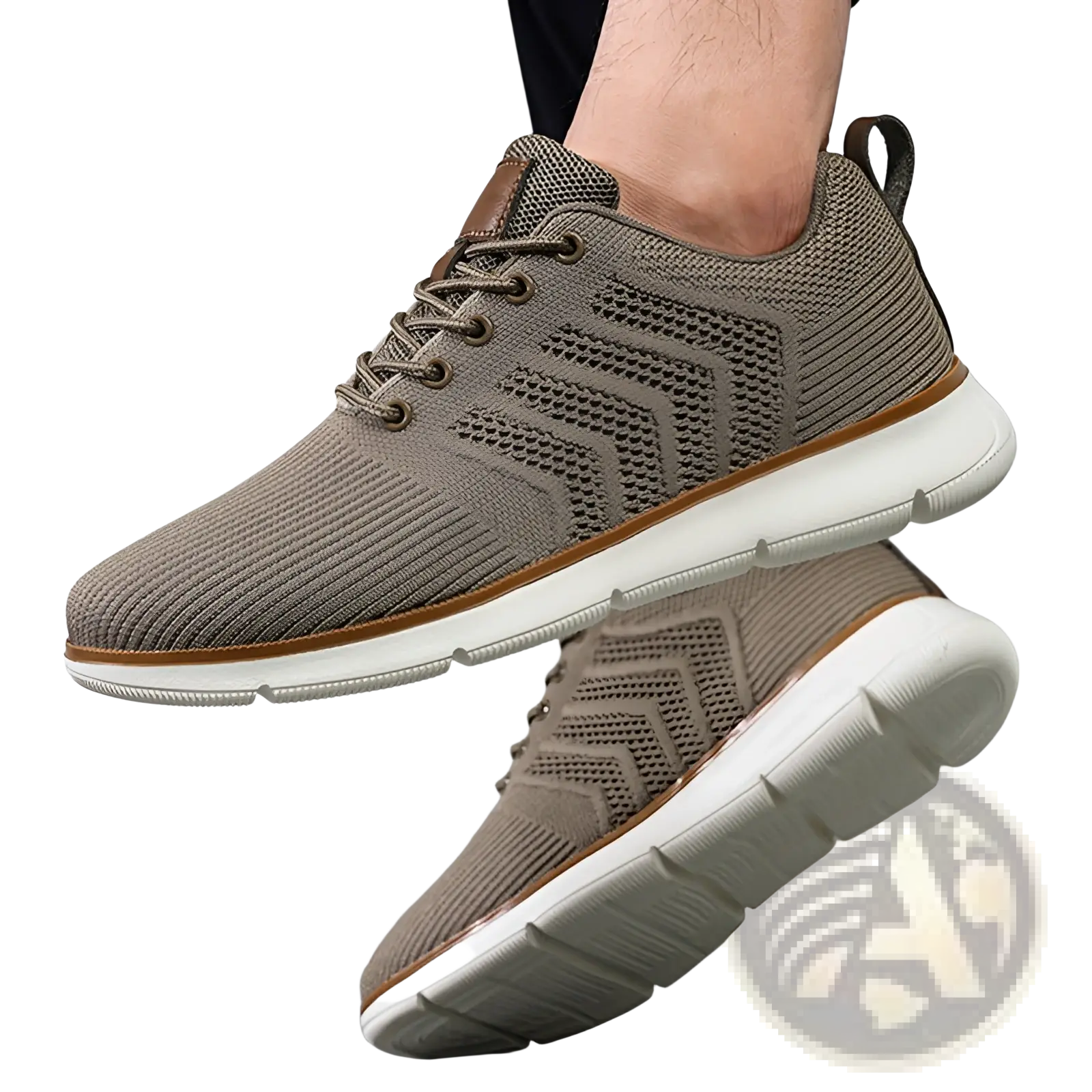 Tan mesh athletic shoe with white rubber sole and brown accents for casual flying woven sneakers for men