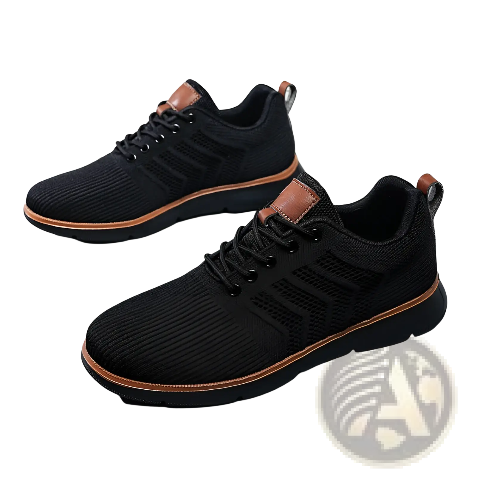 Back view of black mesh sneakers for men with tan leather accents on heel tab and sole edge casual flying woven shoes