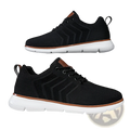 Black knit mesh sneakers for men with white soles and brown accents casual flying woven shoes back side view