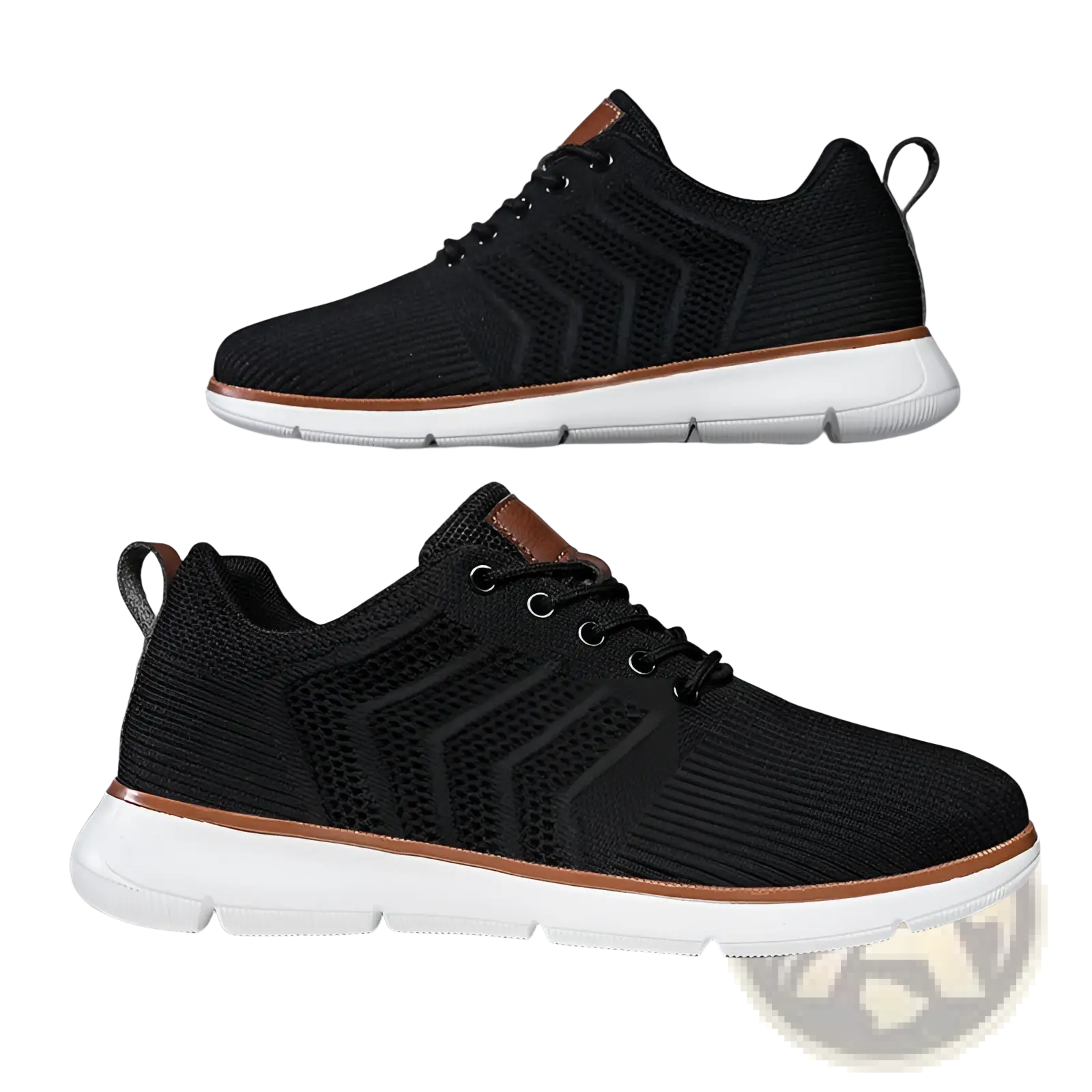 Black knit mesh sneakers for men with white soles and brown accents casual flying woven shoes back side view
