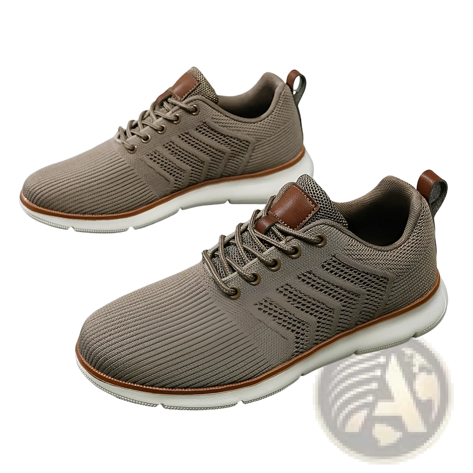 Mesh sneakers for men casual flying woven shoes with beige knit fabric brown leather accents and white rubber sole