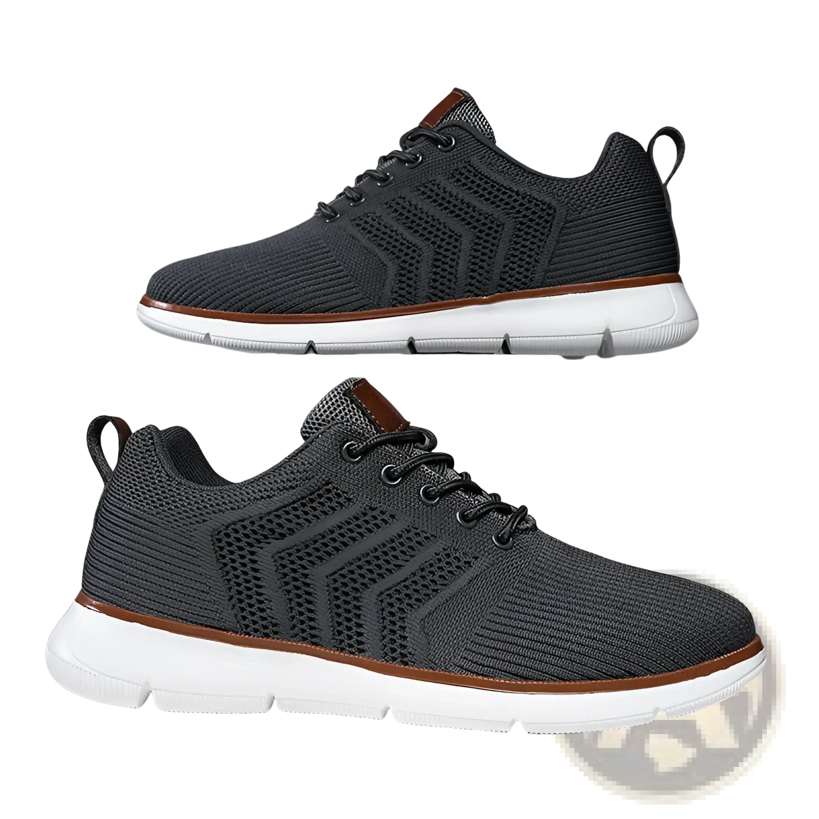 Mesh sneakers for men casual flying woven shoes in gray knit with white soles and brown accents