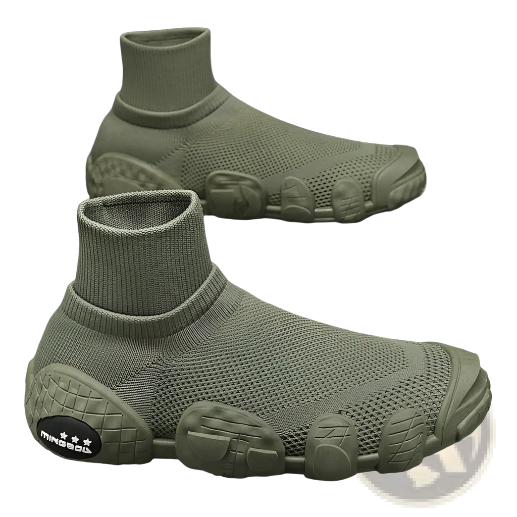 Mesh sneakers mid top casual sport shoes in olive green knit with textured rubber sole and molded footbed design