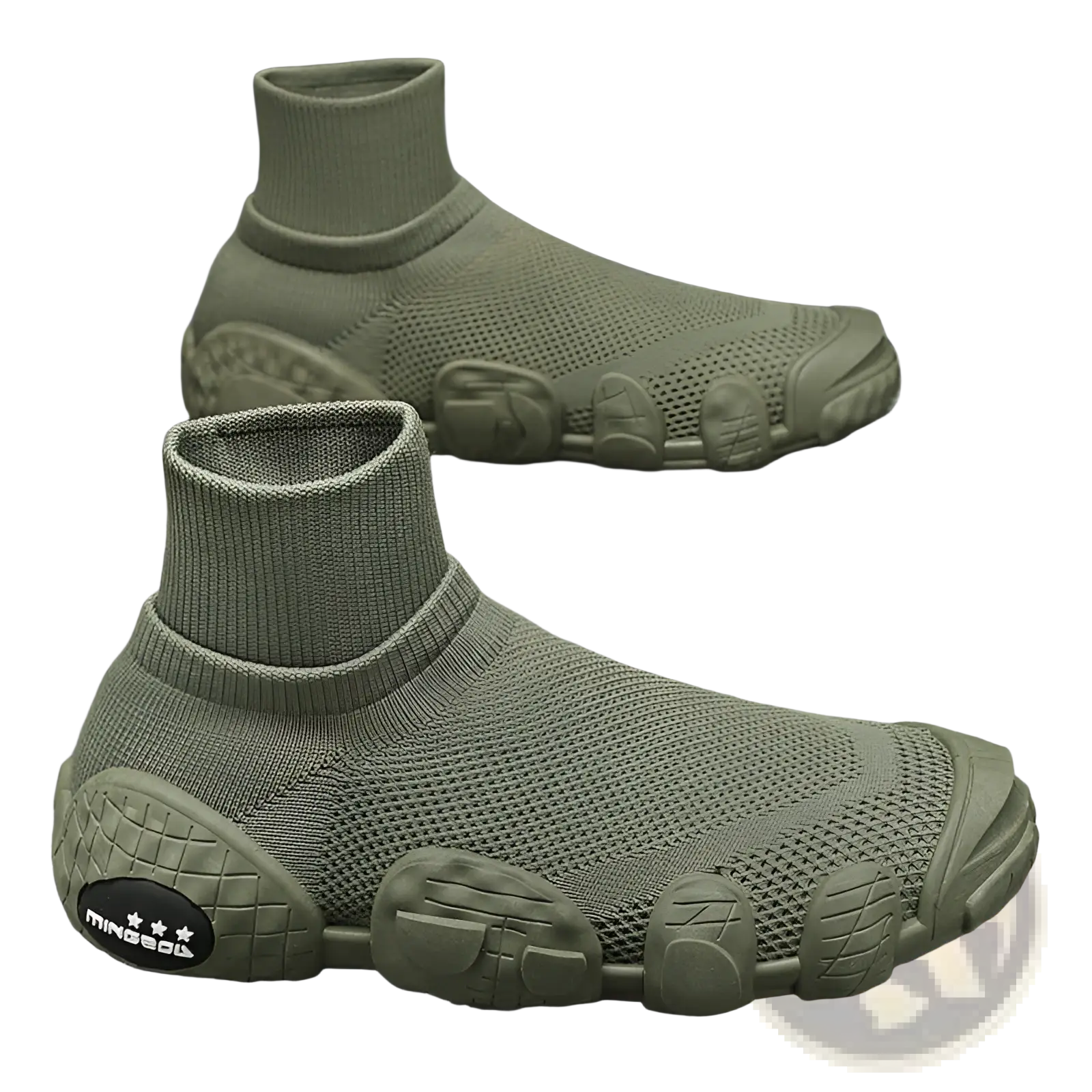 Mesh sneakers mid top casual sport shoes in olive green knit with textured rubber sole and molded footbed design
