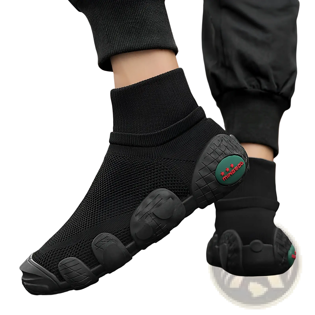 Black knit mesh sneakers mid top casual sport shoes with rubberized toe heel and green circular logo on side