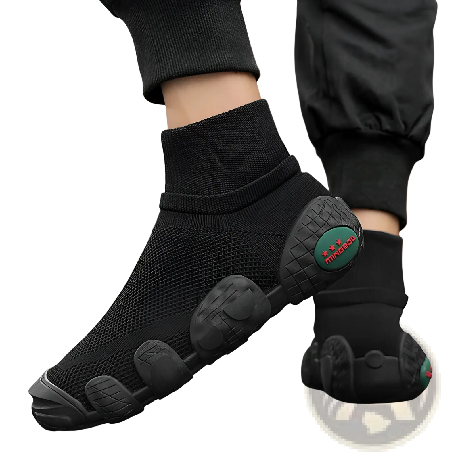 Black knit mesh sneakers mid top casual sport shoes with rubberized toe heel and green circular logo on side