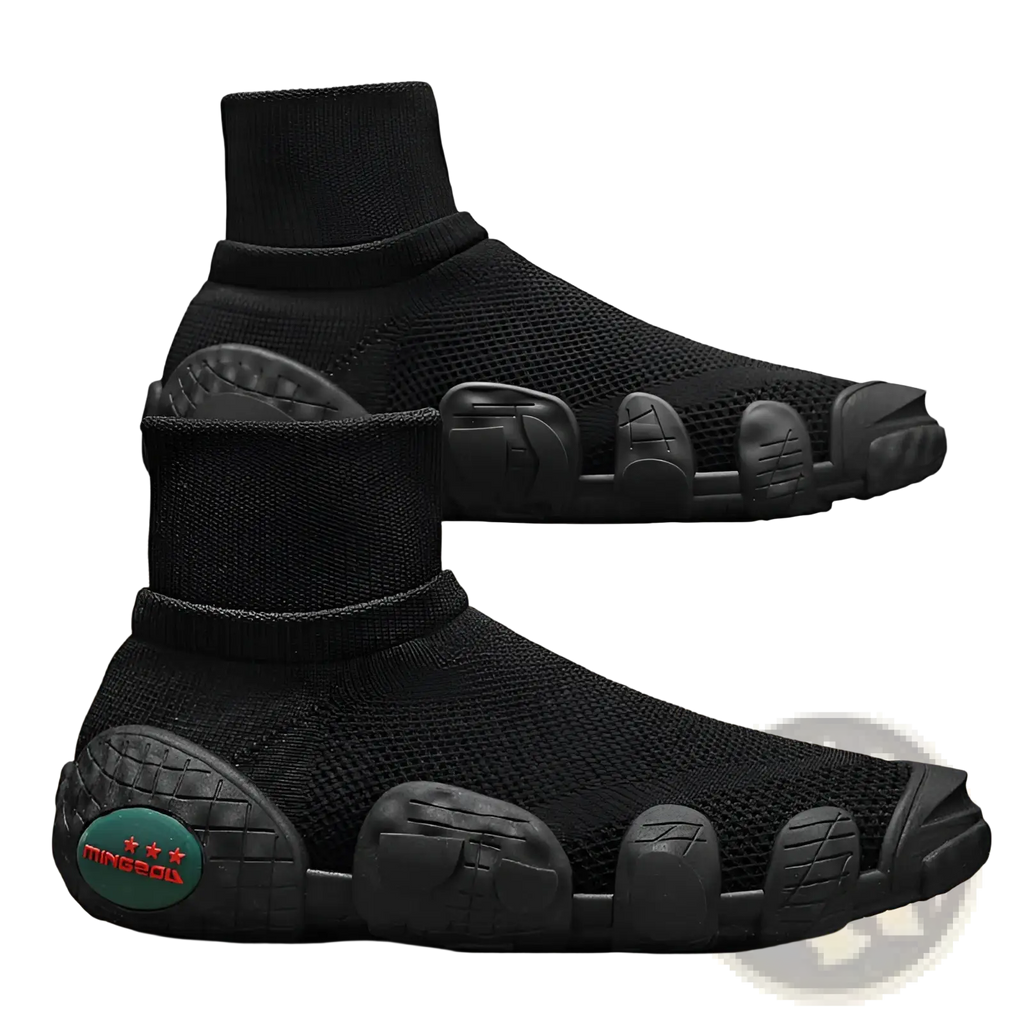 Black sock-style mesh sneakers mid top casual sport shoes with segmented rubber-like toe caps