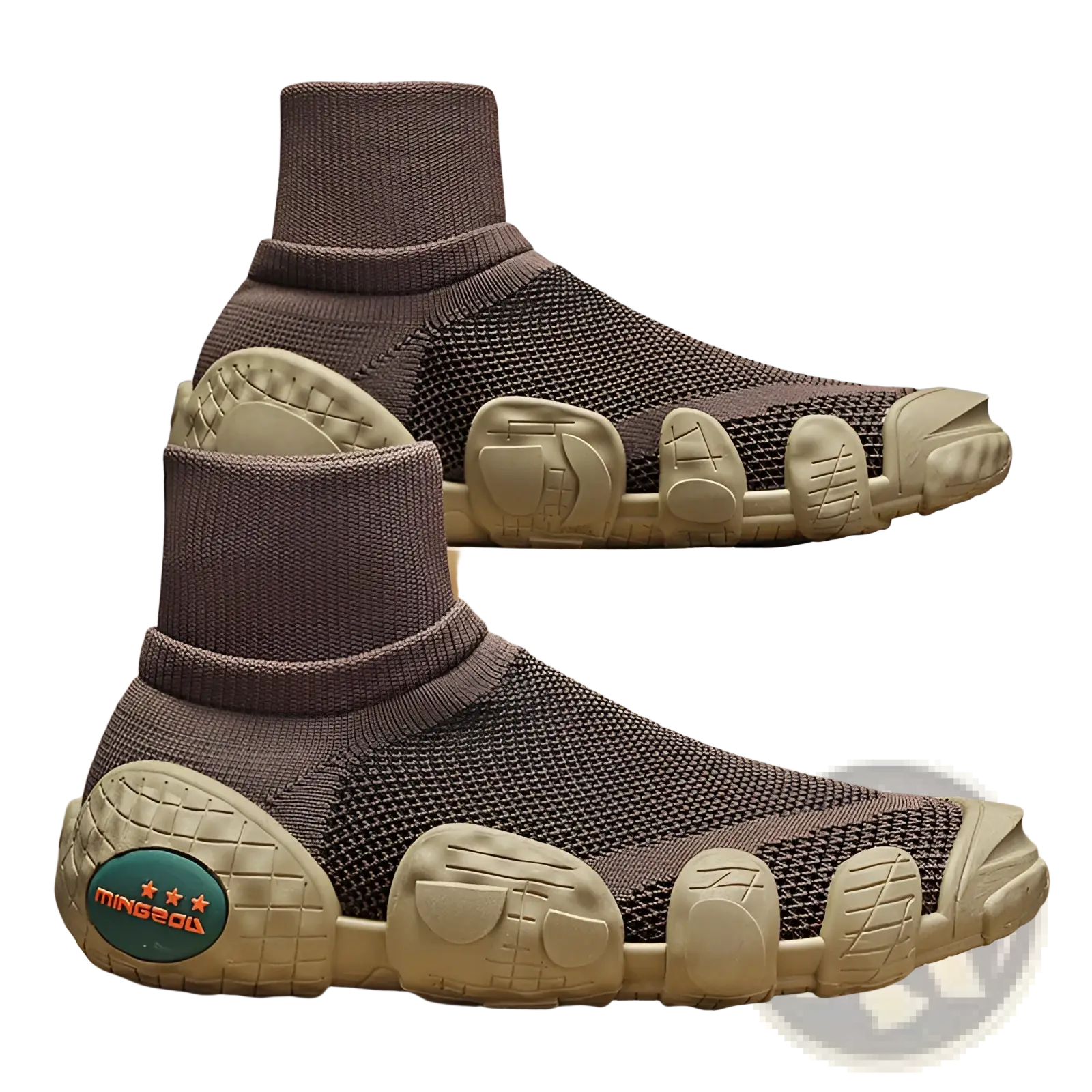 Brown knit mesh sneakers mid top casual sport shoes with beige segmented chunky soles and teal logo on the heel back side