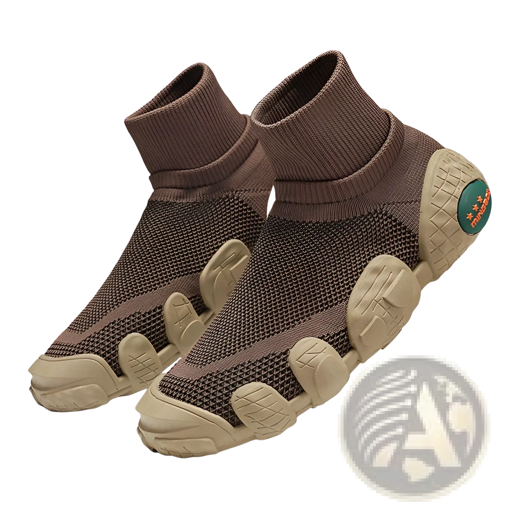 Back view of brown knit mesh sneakers mid top casual sport shoes with beige chunky soles and green logo on heel