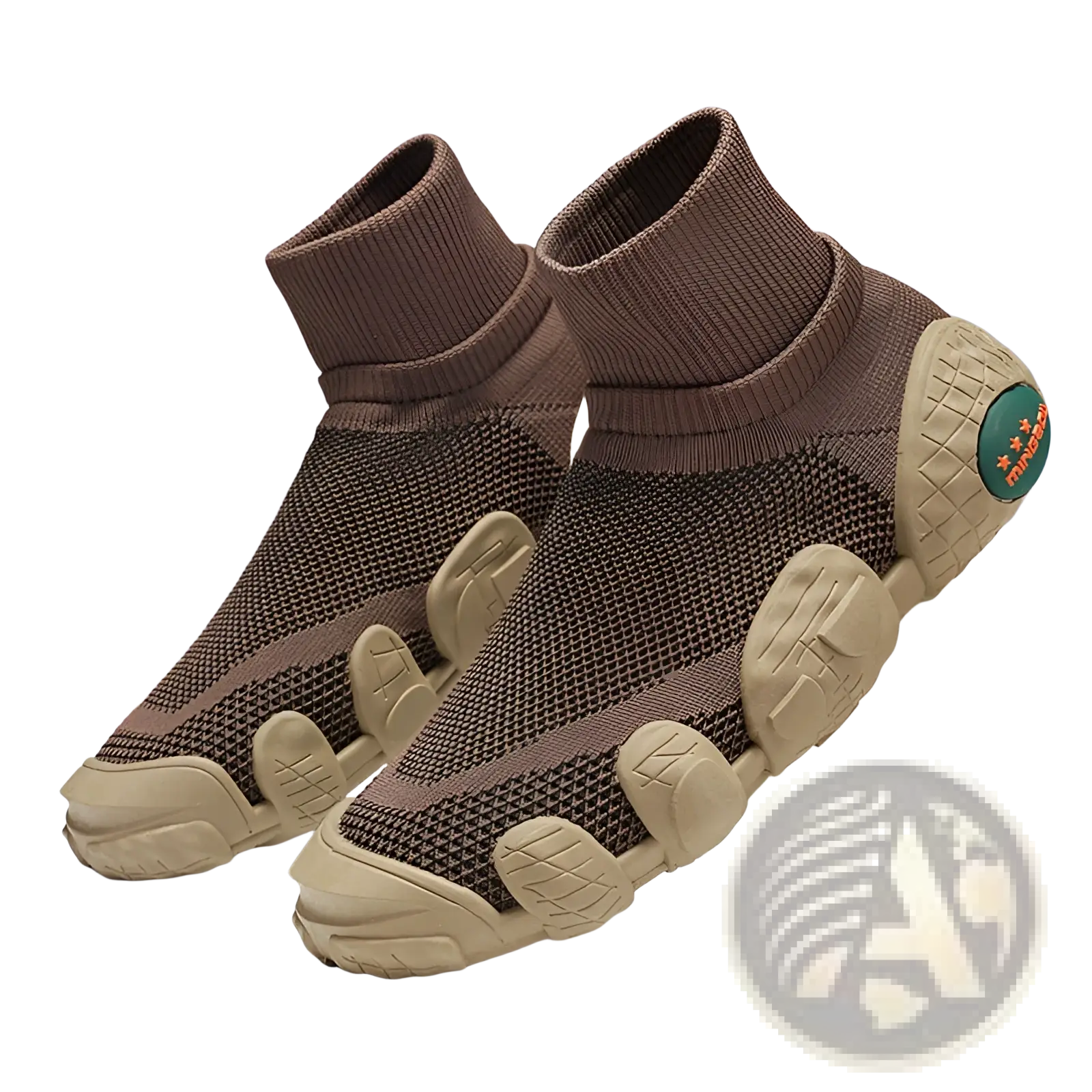 Back view of brown knit mesh sneakers mid top casual sport shoes with beige chunky soles and green logo on heel