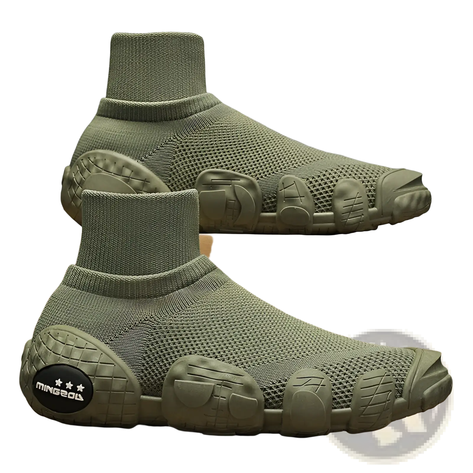Olive green mesh mid top sneakers with knit fabric, textured rubber sole, and molded toe caps for casual sport use