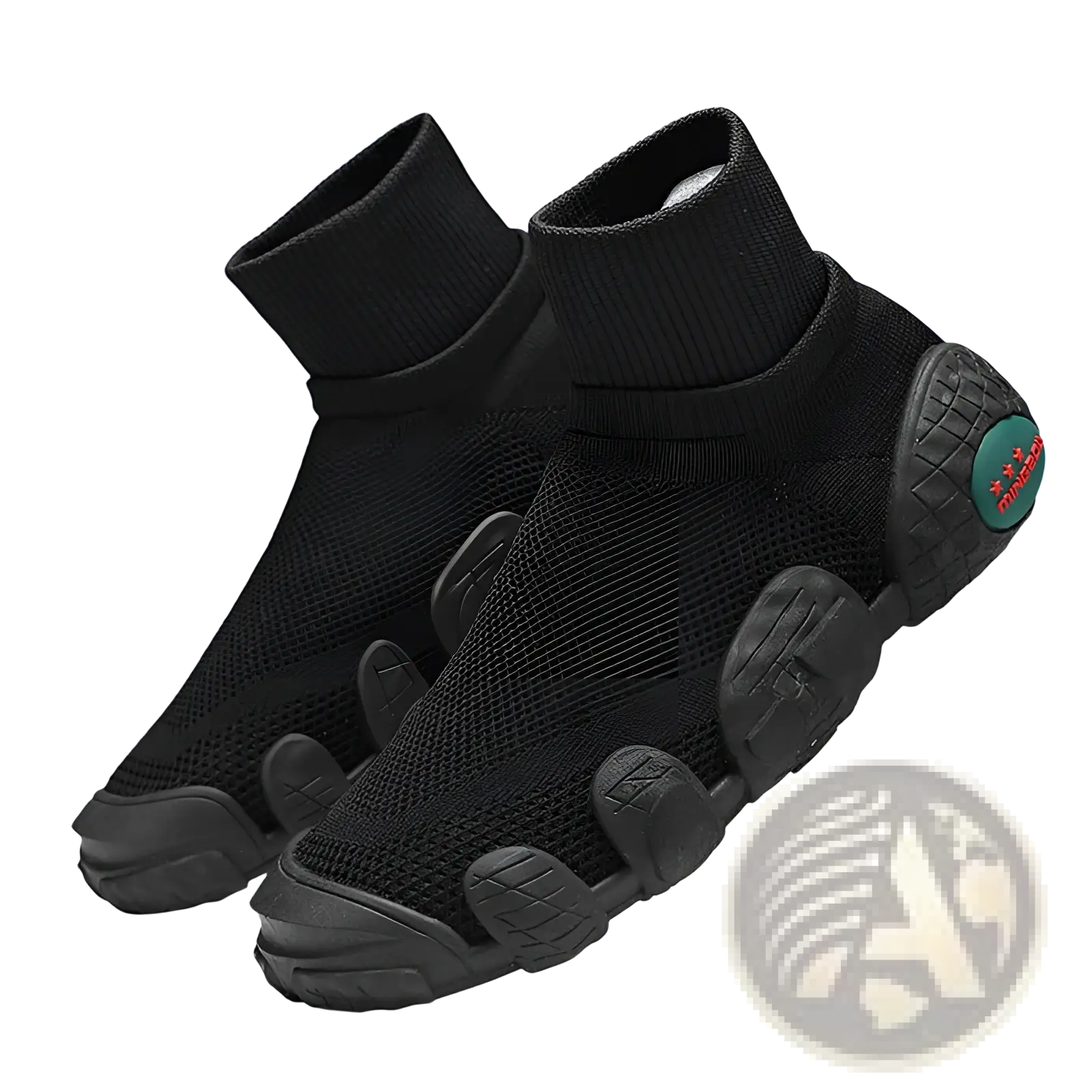 Back view of black knit mesh sneakers mid top casual sport shoes with textured rubber sole and green logo on heel