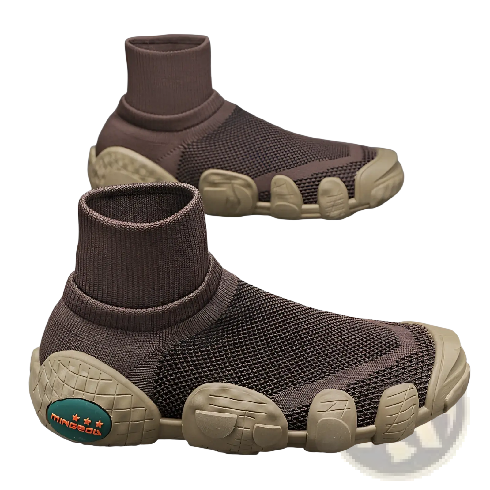 Brown knit sock-style mesh sneakers mid top with beige chunky textured soles and oval logo on the back heel