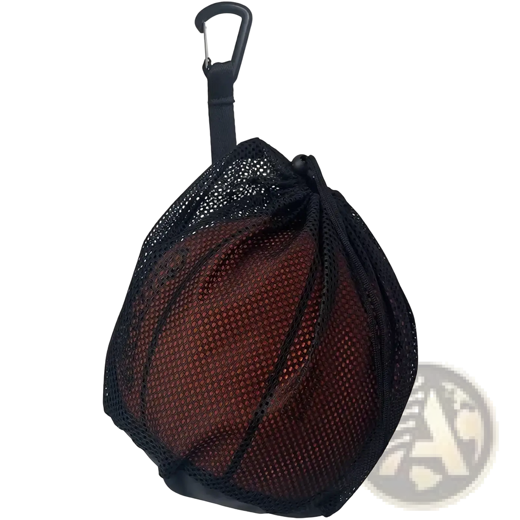 Black mesh sports ball bag with carabiner clip designed for easy carrying in mesh sports ball backpack set
