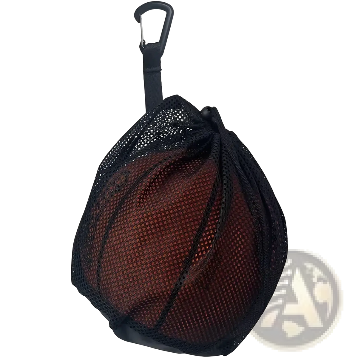 Black mesh sports ball bag with carabiner clip designed for easy carrying in mesh sports ball backpack set