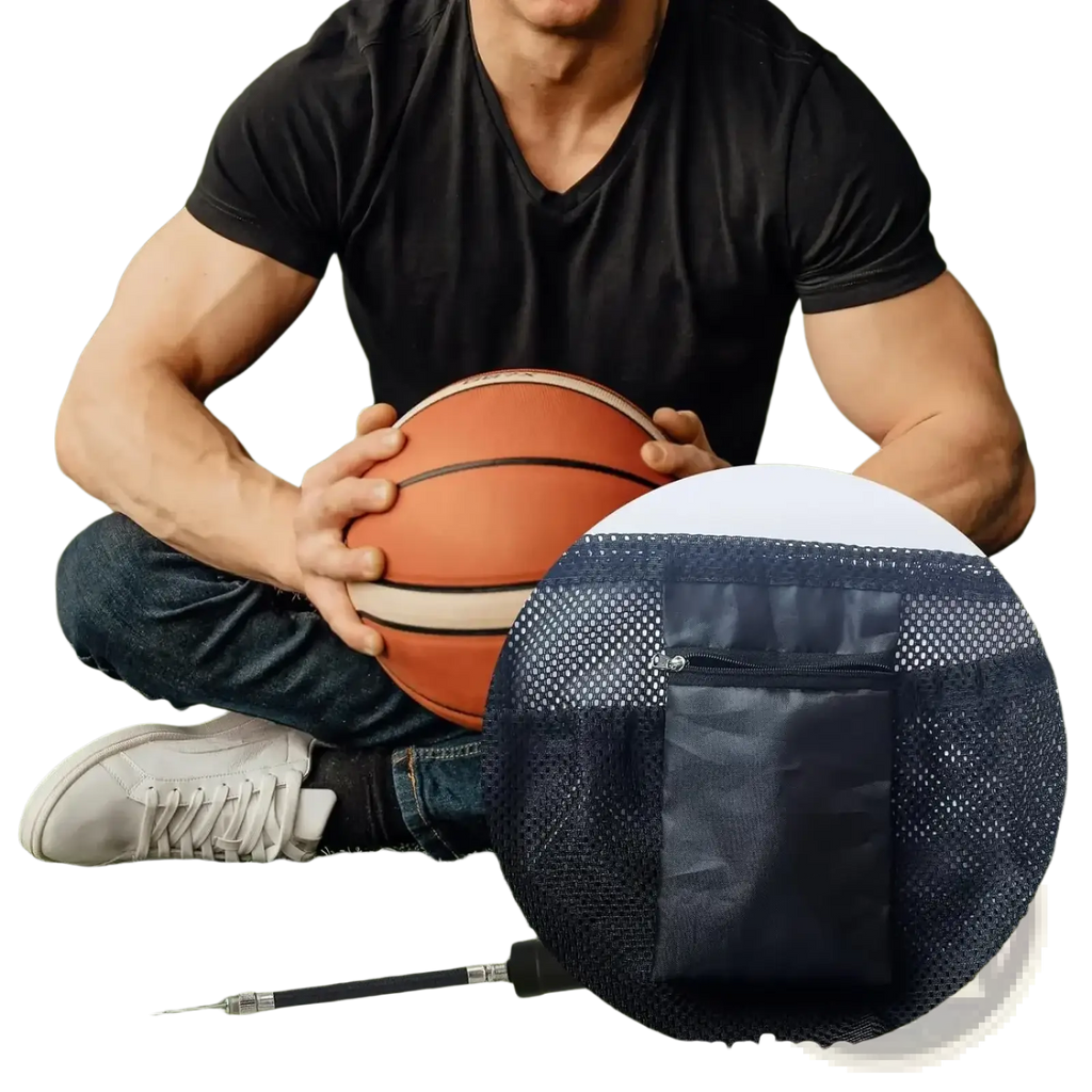 Black mesh sports ball backpack set featuring a zippered inner pocket for pins and accessories storage