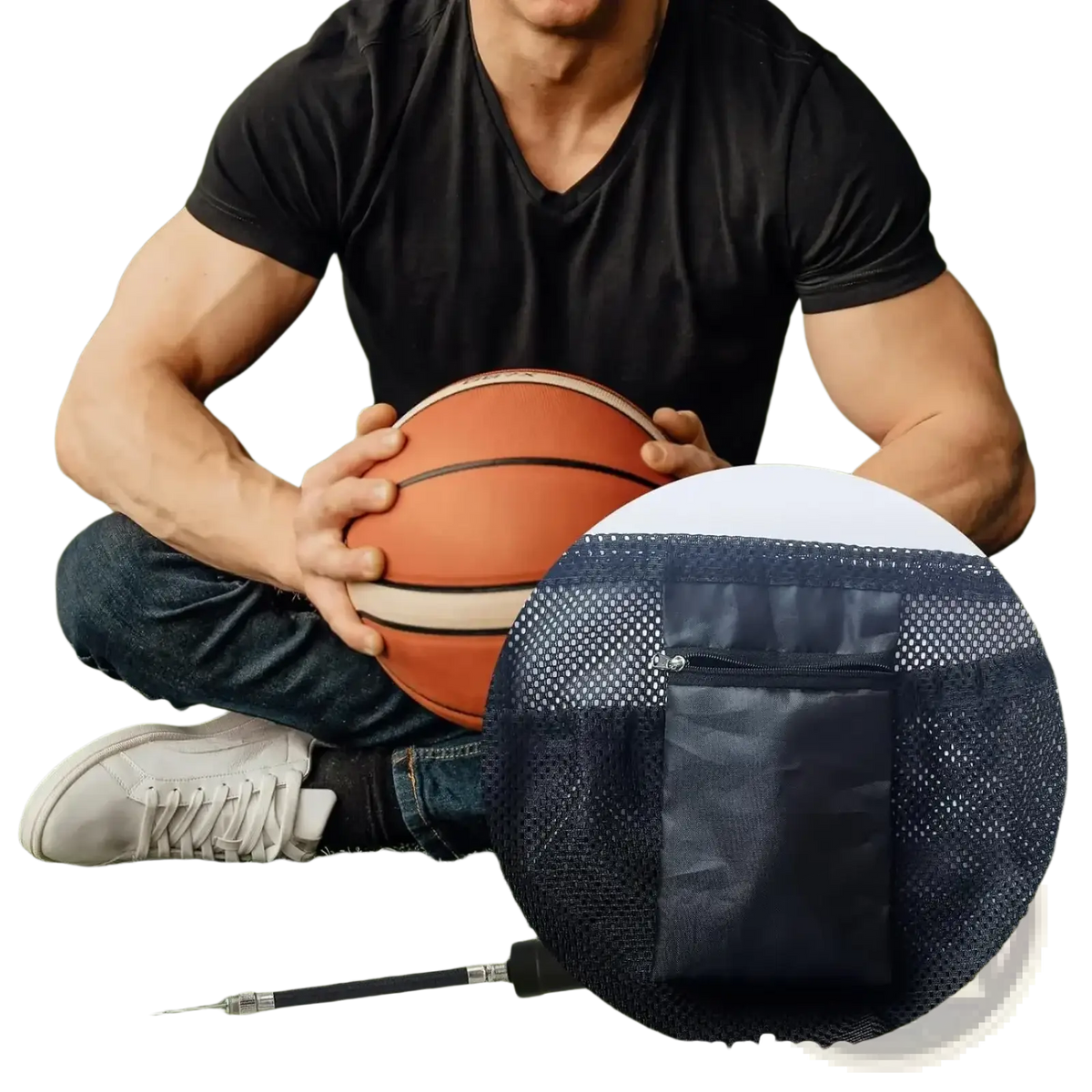 Black mesh sports ball backpack set featuring a zippered inner pocket for pins and accessories storage
