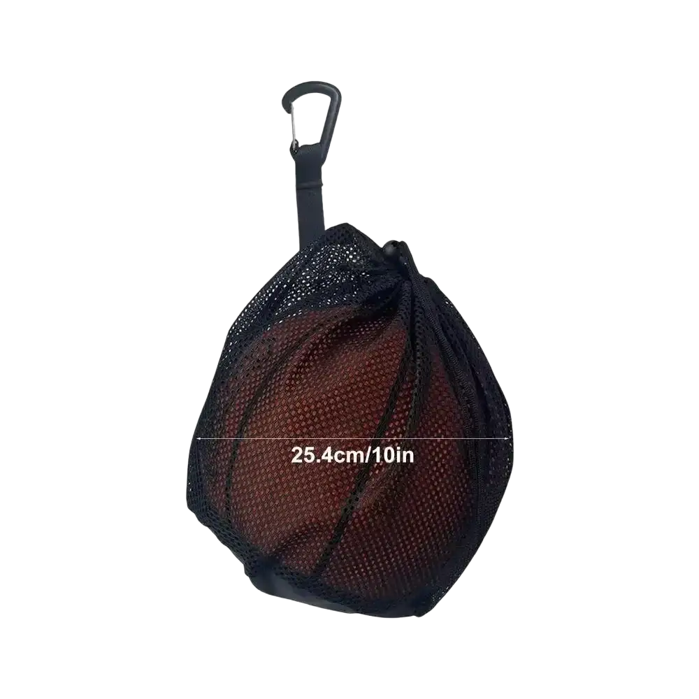 Black mesh carry bag with carabiner clip designed to hold and transport a basketball from mesh sports ball backpack set