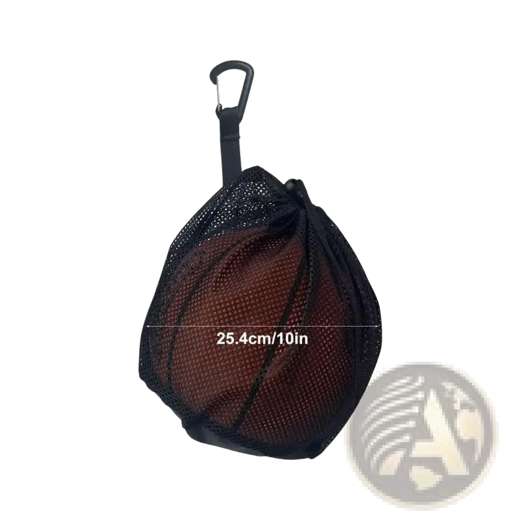 Black mesh carry bag with carabiner clip designed to hold and transport a basketball from mesh sports ball backpack set
