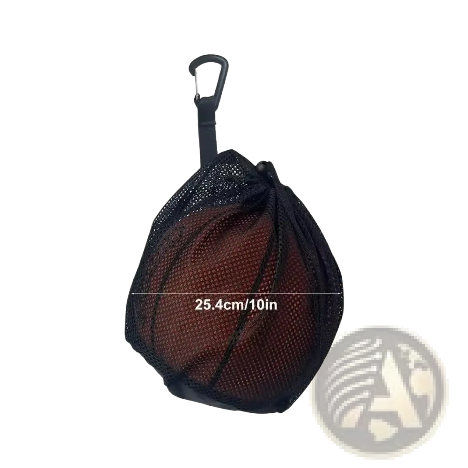 Black mesh carry bag with carabiner clip designed to hold and transport a basketball from mesh sports ball backpack set