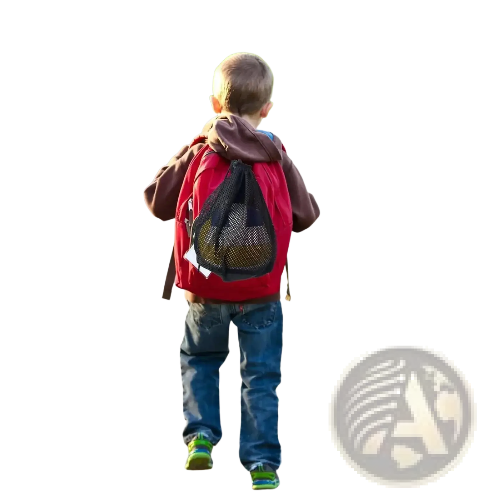 Red mesh sports ball backpack set with black drawstring closure and visible yellow soccer ball inside