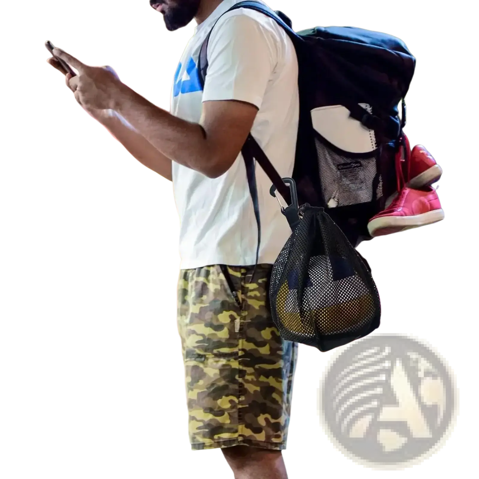 Black mesh shoe bag with handle attached to backpack in mesh sports ball backpack set for sports storage