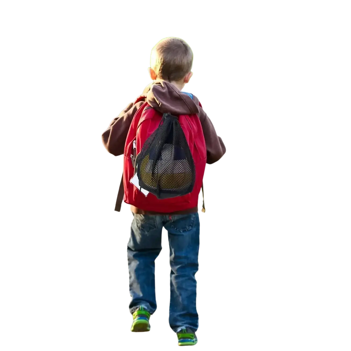 Red mesh sports ball backpack set with black drawstring closure and visible yellow soccer ball inside