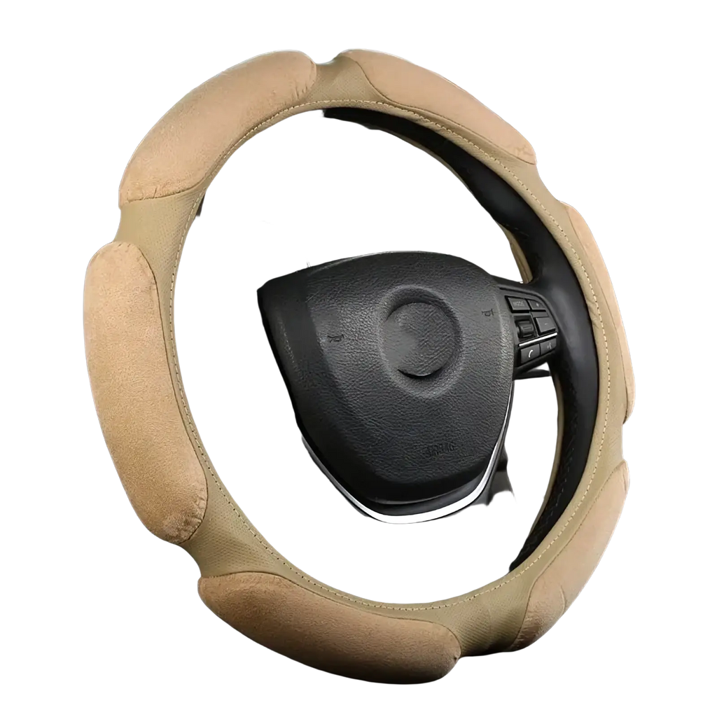 Beige suede mesh steering wheel cover with stitched detailing 38cm universal fit for vehicle use