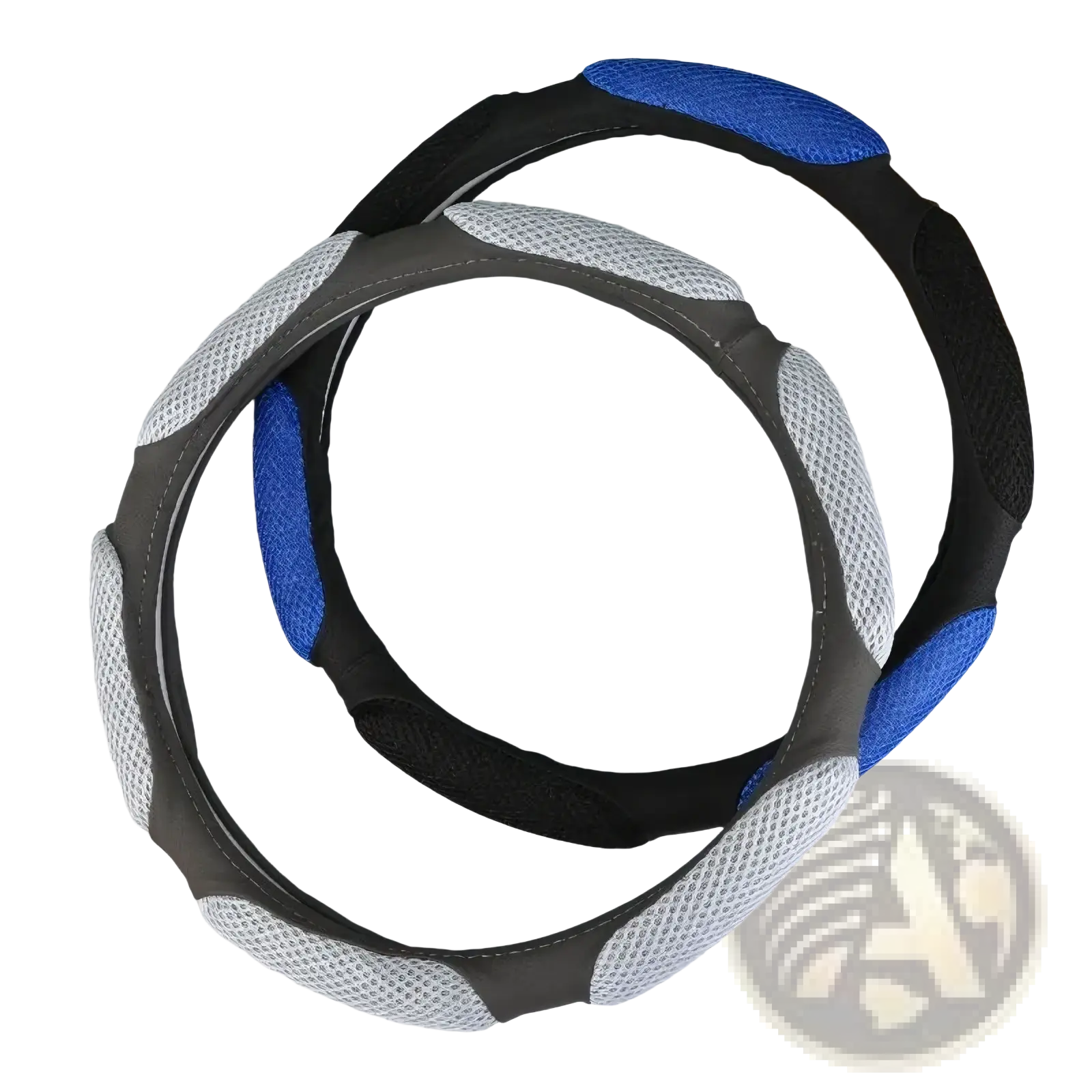 Mesh steering wheel cover 38cm universal fit in black and blue mesh with padded grip sections for enhanced comfort