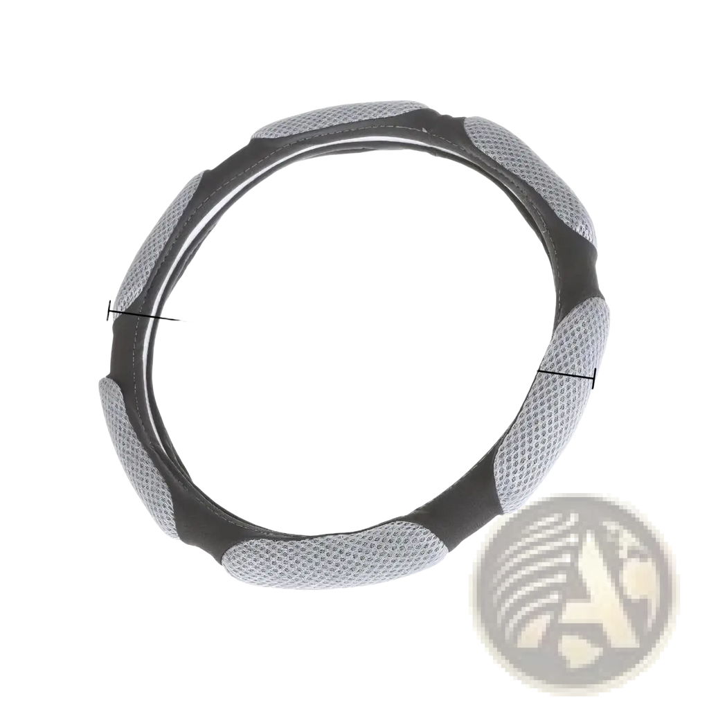 Black and gray mesh steering wheel cover with textured padded design for 38cm universal fit steering wheels
