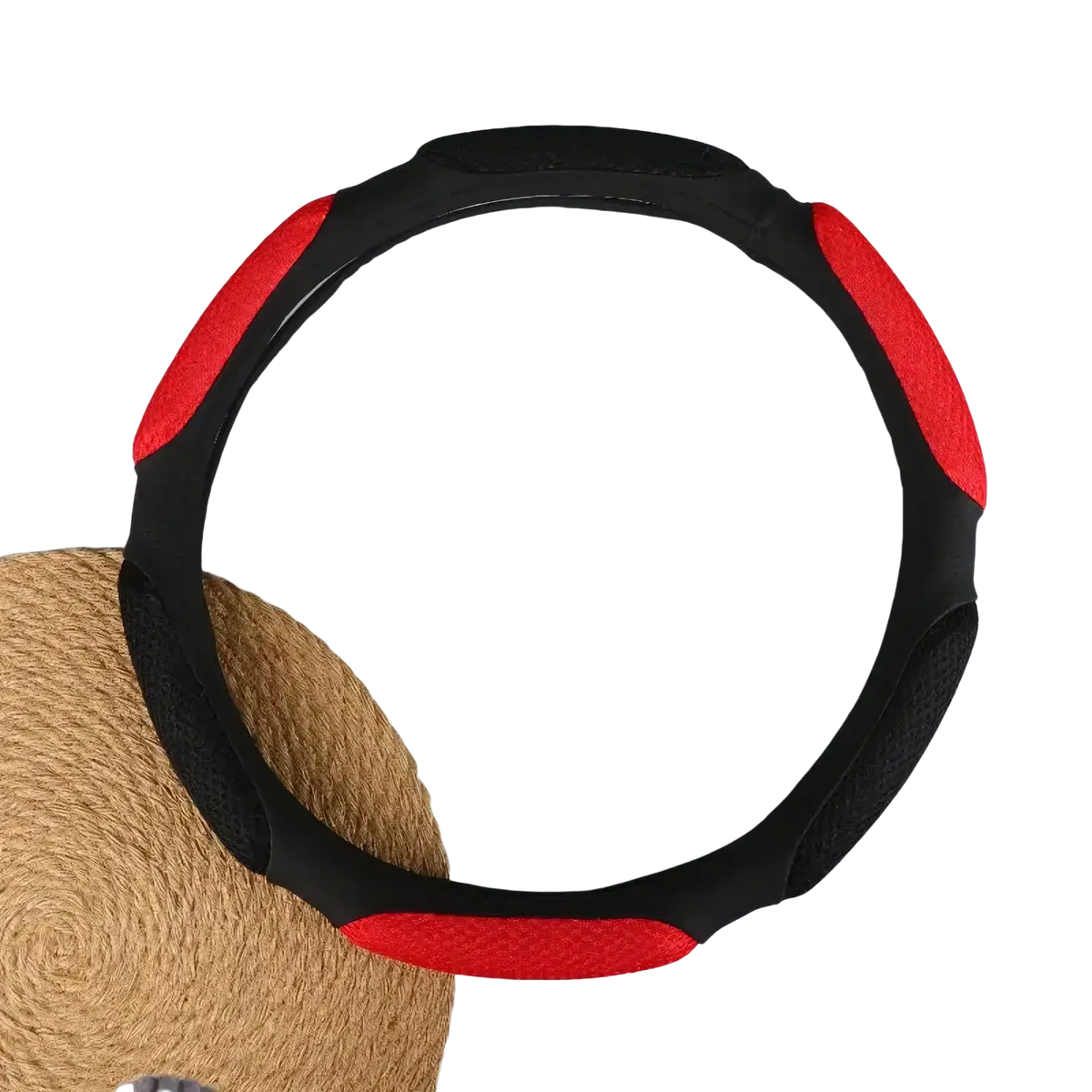Mesh steering wheel cover 38cm universal fit in black and red with textured grip sections for enhanced control