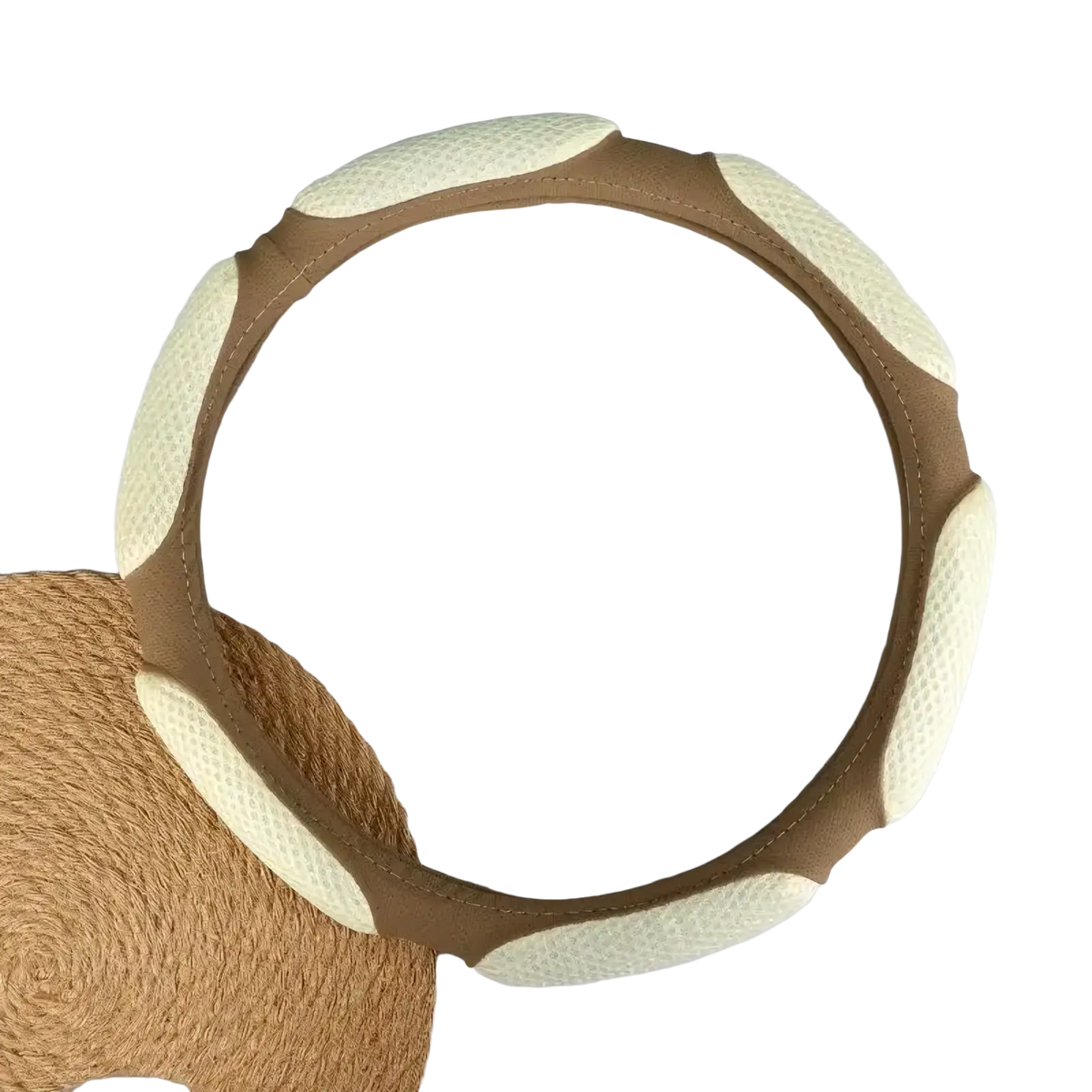Brown and cream mesh steering wheel cover with textured woven design universal fit 38cm size
