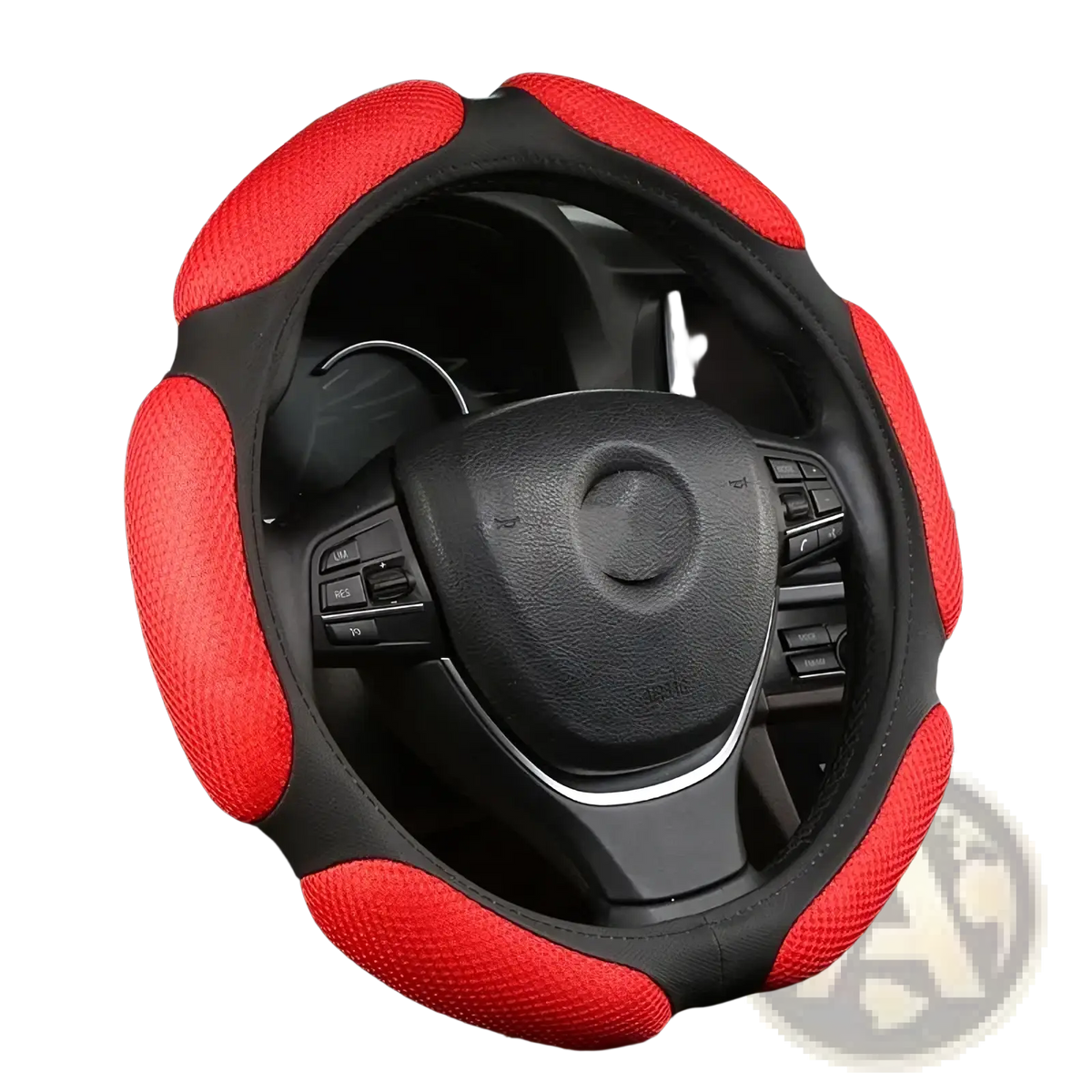 Red and black mesh steering wheel cover with textured breathable design for 38cm universal fit steering wheels