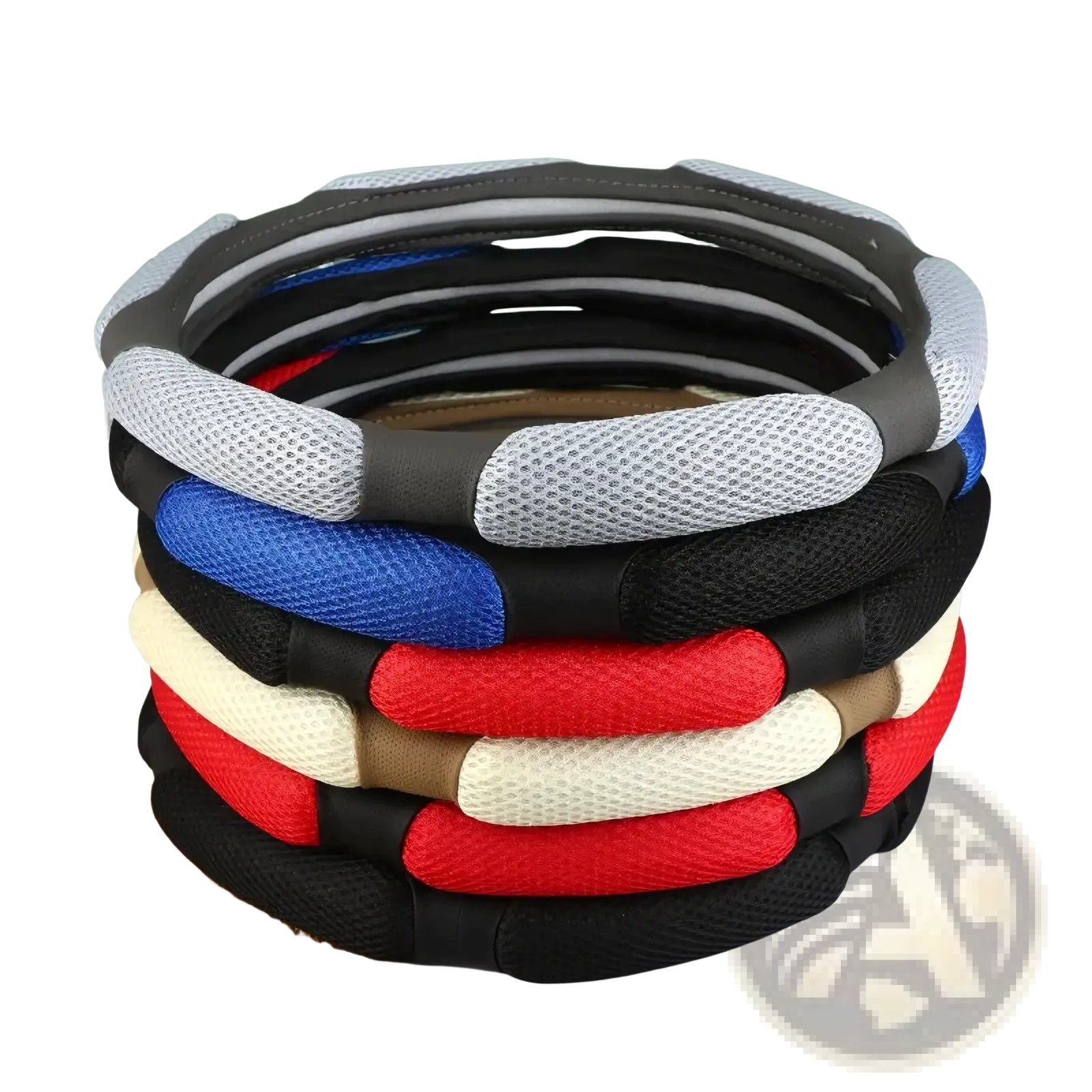 Stack of colorful mesh steering wheel covers in black red blue white and beige 38cm universal fit fabric design