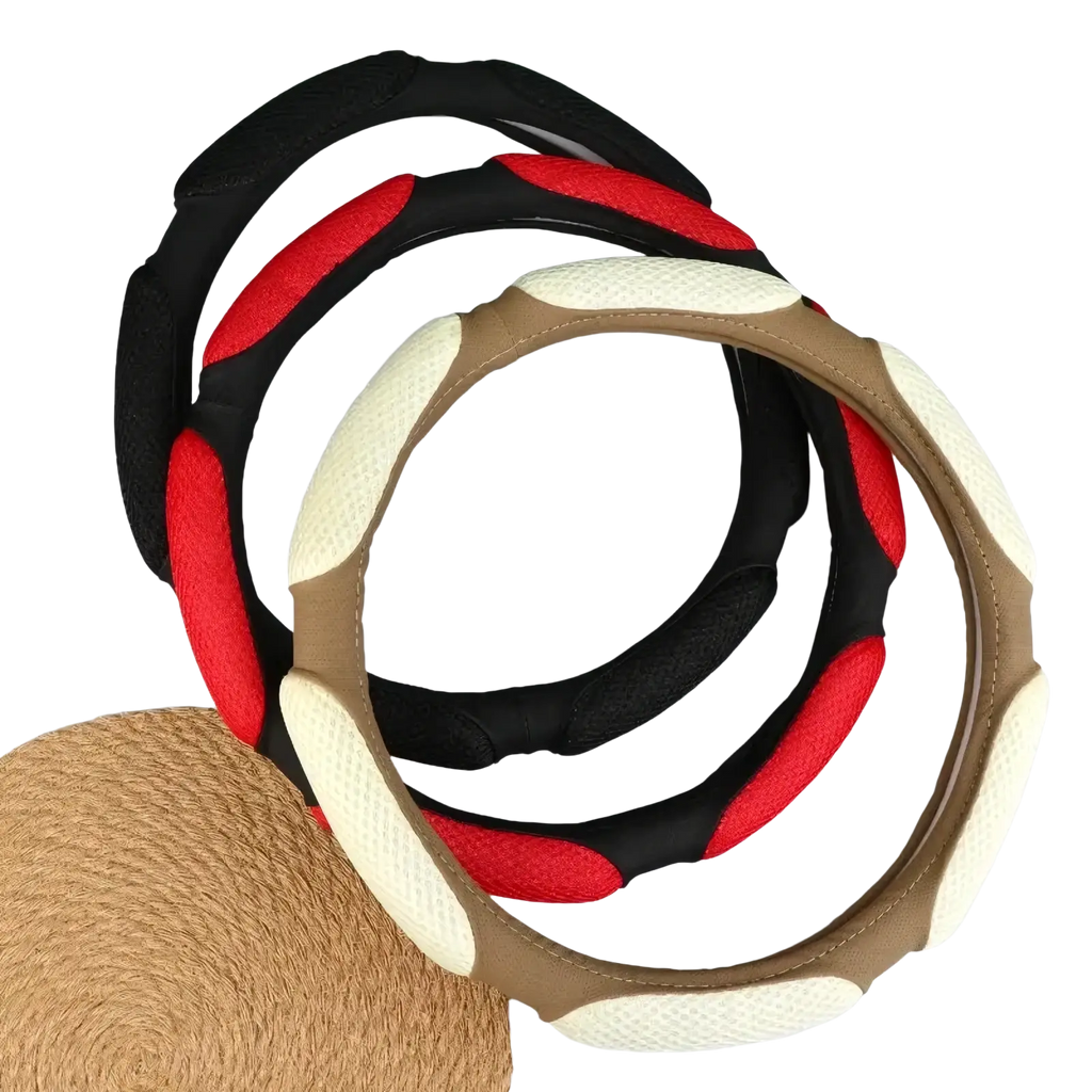 Three mesh steering wheel covers 38cm universal fit in black red and beige cream synthetic leather with textured pattern