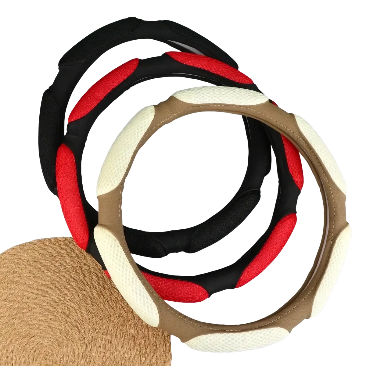 Three mesh steering wheel covers 38cm universal fit in black red and beige cream synthetic leather with textured pattern