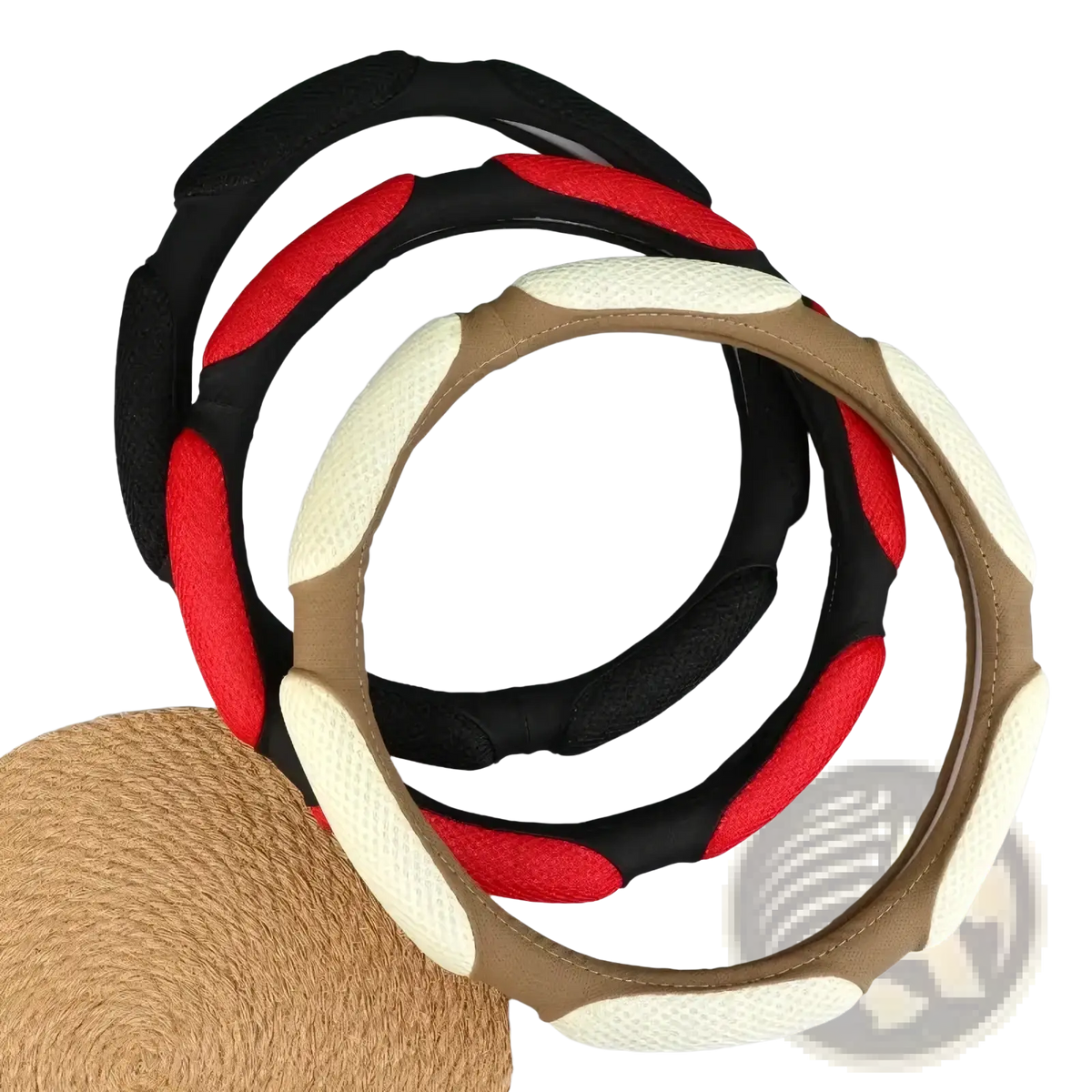 Three mesh steering wheel covers 38cm universal fit in black red and beige cream synthetic leather with textured pattern